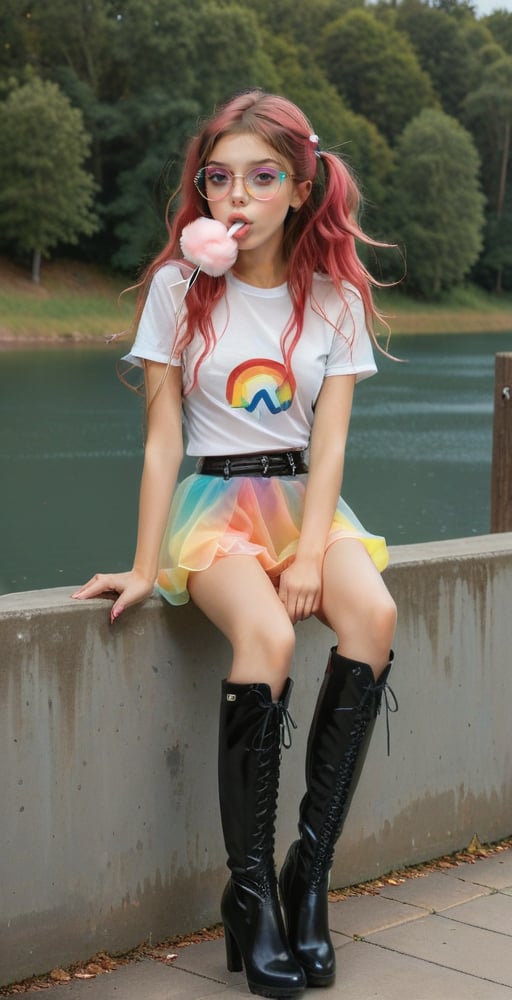 (full body shot:1.4), ultrarealistic photo, a teenage girl, 13 yo, skinny body, perfect face, (detailed face:1.3), perfect body, long wavy hair, (pink hair:1.3), rainbow glasses, red velvet skirt, showing belly, (white see-through t-shirt:1.3), white mesh top, white laces top, very sexy attitude, (eating cotton candy:1.4), leaning on a fence, on a bridge, near a lake, detailed_background, high heels, (long over the knee boots:1.4), cotton candy atmosphere,see-through clothes, flying butterflies, stars, rainbow,strapless rainbow gradient fishnets