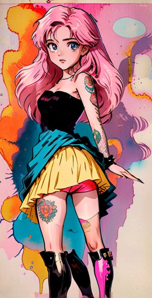 ((sexy, sensual, glamour, porn, erotic)), (full body shot), A serene scene unfolds as a 16-year-old girl, donning a pink miniskirt and one-shoulder tank top, walks through the vibrant merchant street of a cyberpunk village. The setting sun casts a warm glow, highlighting her freckles, red lipstick, and tattoos. Her long, wavy pink hair flows behind her like a river, as she confidently struts in over-the-knee boots and high heels. she has a sarcastic smile. The tight-fitting clothes accentuate her physique, while the anime-style watercolor filter gives the scene a vintage charm. large breast, skinny body, bimbo make-up, (over the knee boots),anime style,skirtlift, very big boobs, thin body, thin legs, thin ass, disney pixar style
