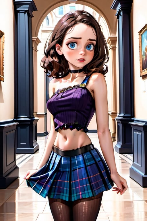 ((full body shot)), A young girl, radiant with joy, stands proudly in a vibrant art museum setting. The soft lighting highlights her features: long eyelashes framing sparkling eyes, a shy smile beneath heavy make-up, and styled brown hair adorned by a delicate choker. Her slender figure is showcased in a one-shoulder lacy tight top showing belly and tartan pleated skirt, glasses perched on the end of her nose adding whimsy. The camera captures her confident pose, navel and belly subtly visible as she gazes out at the museum's richly detailed background.