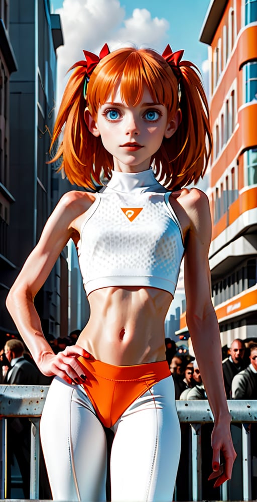 (Full body shot:1.4),  low angle view, ultra realistic photography,  a young Leeloo from the Fifth Element leaning on a fence in a futuristic city, in daylight, crowded place, perfect face, beautiful face, perfect body, skinny body, orange hair, fringe, bang, perfect boobs, 12yo, very happy, smile, red lipstick, detailled background, bob haircut, perfect boobs,  white tank top, orange bow, tight yoga pant, high heels, (showing flat belly:1.4), flat belly, red lipstick, ((full body shot)),thylane