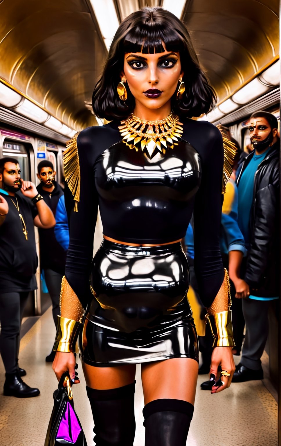 sologirl, masterpiece, a thin egyptian godess walking in an crowded subway station, 16 yo, ((very skinny body)), perfect body, perfect face, perfect boobs, 4K, hdr, volumetric lighting, ((full body shot)), facing viewer, shy smile, photo, over the knee boots, bimbo makeup, high heels, bob haircut, long hair, black hair, fringe, a lots of gold jewels, earings, bangles, armbands, gold chains, gold arm bracelets, gold cuffs, black and gold leather crop top,  black and gold leather miniskirt, showing belly, Obsidian_Gold, ((((full lenght portrait)))), dark lipstick, bright eyes, holding a whip and a gold scepter, Obsidian_Gold, vaporwave style