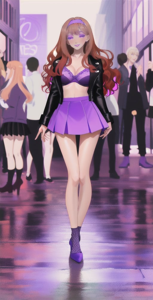 (Full body shot:1.4),  anime style,  a young Daphne Blake standing in a busy street of London, in daylight, crowded place, skinny body, perfect face, beautiful face, perfect body, long wavy red hair, purple bow in the hair, perfect boobs, 12yo, shy smile, red lipstick, detailled background, perfect boobs, (purple thight miniskirt:1.4), purple bra, leather jacket, showing belly, high heels, fishnets tights, undersized clothes,long ginger hair,hairband,glamourous makeup, huge breasts, big_boobs