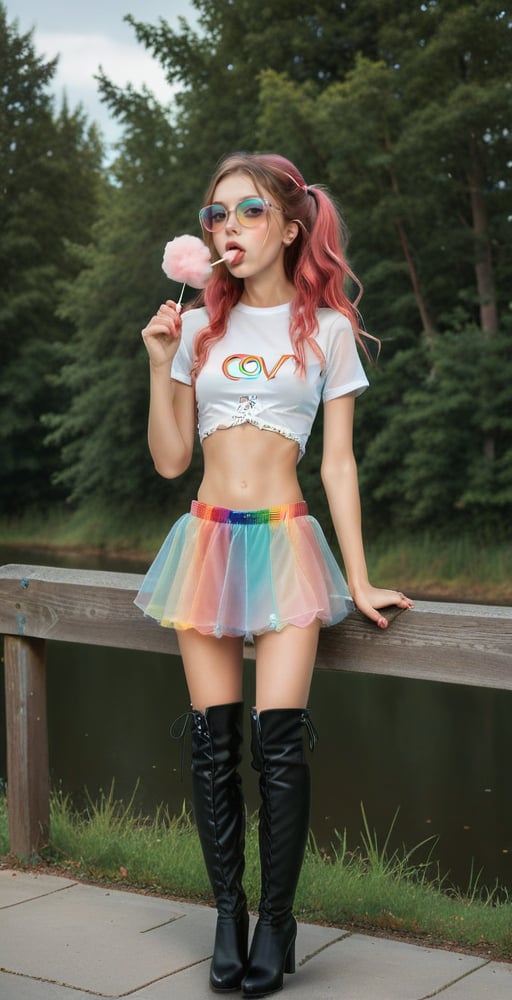 (full body shot:1.4), ultrarealistic photo, a teenage girl, 13 yo, skinny body, perfect face, (detailed face:1.3), perfect body, long wavy hair, (pink hair:1.3), rainbow glasses, red velvet skirt, (showing belly:1.4), (white see-through t-shirt:1.3), white mesh top, white laces top, very sexy attitude, (eating cotton candy:1.4), leaning on a fence, on a bridge, near a lake, detailed_background, high heels, (long over the knee boots:1.4), cotton candy atmosphere,see-through clothes, flying butterflies, stars, rainbow,strapless rainbow gradient fishnets