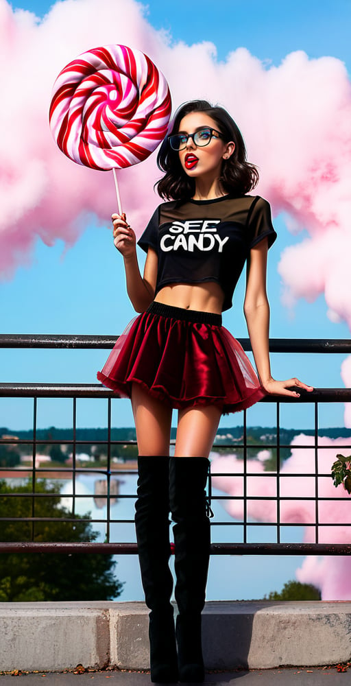 (full body shot:1.4), a teenage girl, 13 yo, skinny body, perfect face, perfect body, bimbo makeup, bob haircut, black hair, glasses, red velvet skirt, showing belly, (black see-through t-shirt:1.3), black mesh top, black laces top, very sexy attitude, (eating cotton candy:1.4), leaning on a fence, on a bridge, near a lake, detailed_background, high heels, (long over the knee boots:1.4), cotton candy atmosphere,see-through clothes, flying butterflies, stars, 