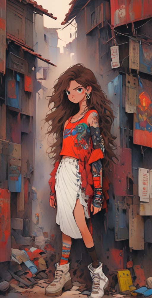 (full body shot), A serene scene of a skinny teenager in a white miniskirt, withe one shoulder tank top, showing belly, tatoos, walking through a vibrant crowded merchant street of a cyberpunk village, cleavage, high heels, long boots, freckles, red lipstick, showing belly, long wavy brown hair, anime style,VintageMagStyle