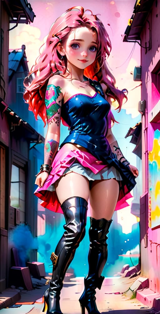 (full body shot), A serene scene unfolds as a 16-year-old girl, donning a pink miniskirt and one-shoulder tank top, walks through the vibrant merchant street of a cyberpunk village. The setting sun casts a warm glow, highlighting her freckles, red lipstick, and tattoos. Her long, wavy pink hair flows behind her like a river, as she confidently struts in over-the-knee boots and high heels. she has a sarcastic smile. The tight-fitting clothes accentuate her physique, while the anime-style watercolor filter gives the scene a vintage charm. large breast, skinny body, bimbo make-up, (over the knee boots),anime style,skirtlift, very big boobs