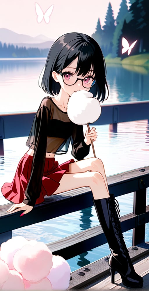 (full body shot:1.4), a teenage girl, 13 yo, skinny body, perfect face, perfect body, bimbo makeup, bob haircut, black hair, glasses, red velvet skirt, showing belly, (black see-through t-shirt:1.3), black mesh top, black laces top, very sexy attitude, (eating cotton candy:1.4), leaning on a fence, on a bridge, near a lake, detailed_background, high heels, (long over the knee boots:1.4), cotton candy atmosphere,see-through clothes, flying butterflies, stars