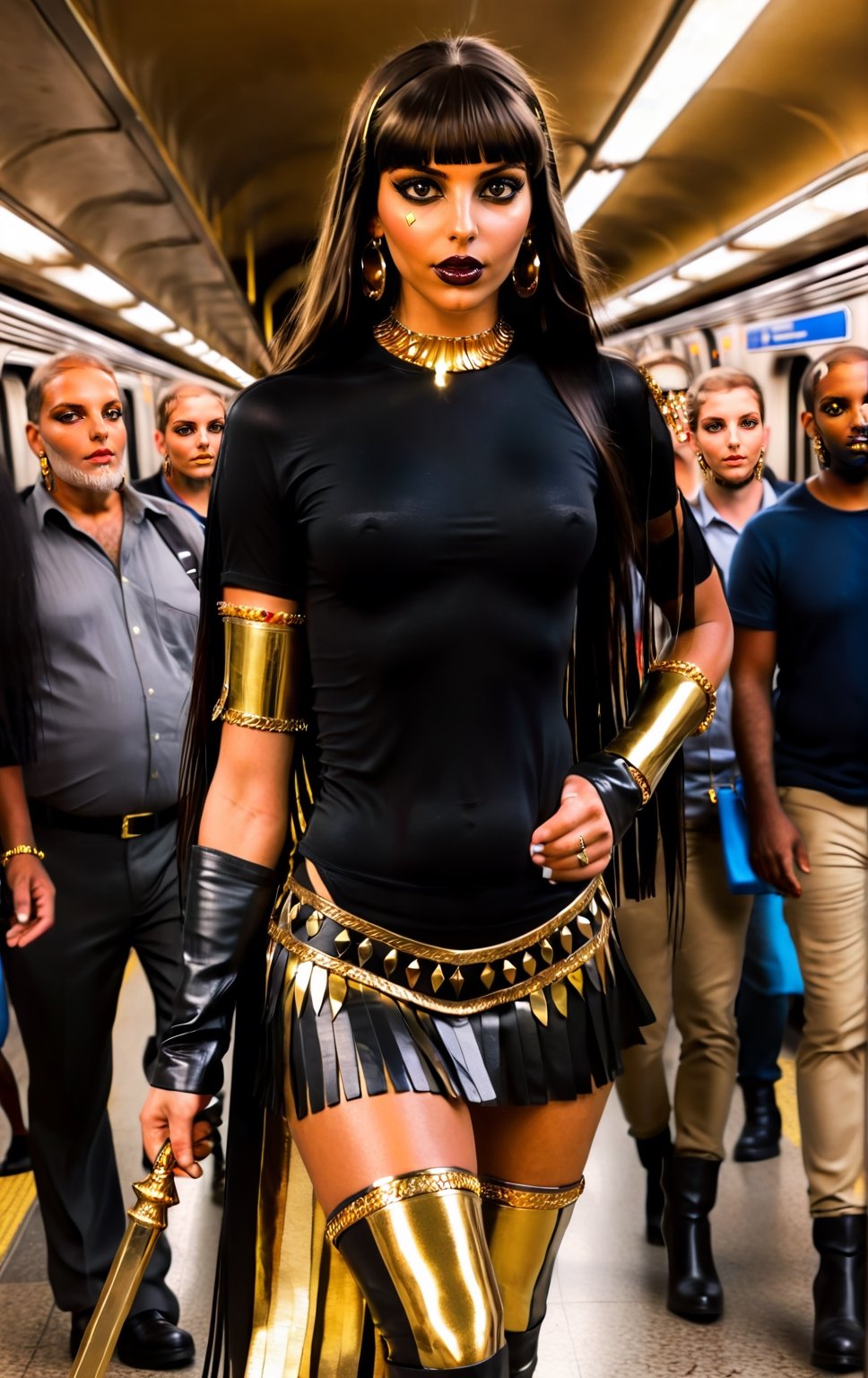 sologirl, ultrarealistic, masterpiece, a thin egyptian godess walking in an crowded subway station, 16 yo, ((very skinny body)), perfect body, perfect face, perfect boobs, 4K, hdr, volumetric lighting, ((full body shot)), facing viewer, shy smile, photo, over the knee boots, bimbo makeup, high heels, bob haircut, long hair, black hair, fringe, a lots of gold jewels, earings, bangles, armbands, gold chains, gold arm bracelets, gold cuffs, black and gold leather crop top,  black and gold leather miniskirt, showing belly, Obsidian_Gold, ((((full lenght portrait)))), dark lipstick, bright eyes, holding a whip and a gold scepter,Obsidian_Gold