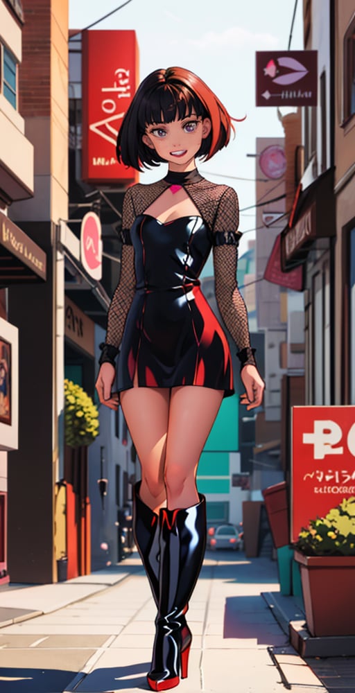 Full body shot, extra realistic, photography, 4k, 1girl, 12yo, caucasian, perfect body, perfect face, skinny body, beautiful face, bob haircut, black hair, mesh see-through minidress, high heels over the knee boots, in a fancy street, detailed background, shy smile, red lipstick