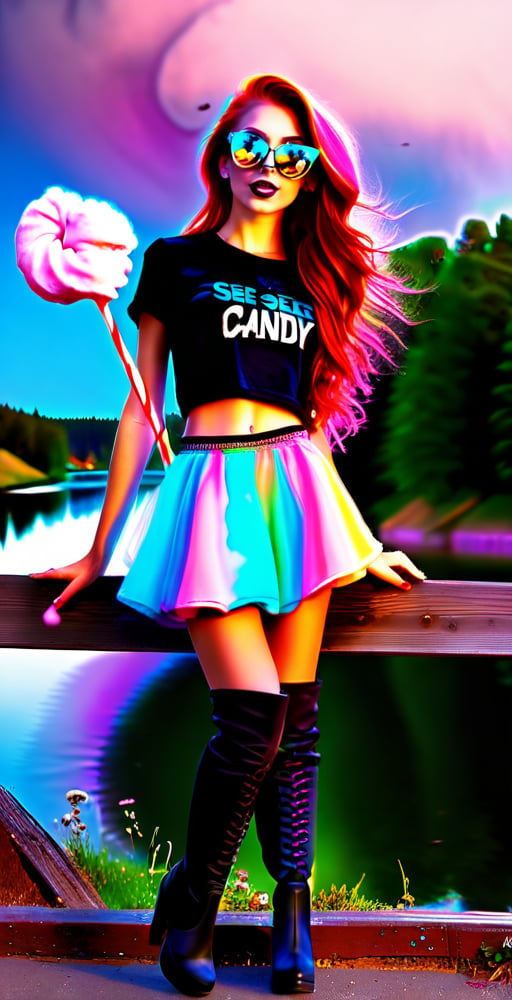 (full body shot:1.4), ultrarealistic photo, a teenage girl, 13 yo, skinny body, perfect face, perfect body, long wavy hair, pink hair, rainbow glasses, red velvet skirt, showing belly, (black see-through t-shirt:1.3), black mesh top, black laces top, very sexy attitude, (eating cotton candy:1.4), leaning on a fence, on a bridge, near a lake, detailed_background, high heels, (long over the knee boots:1.4), cotton candy atmosphere,see-through clothes, flying butterflies, stars, rainbow