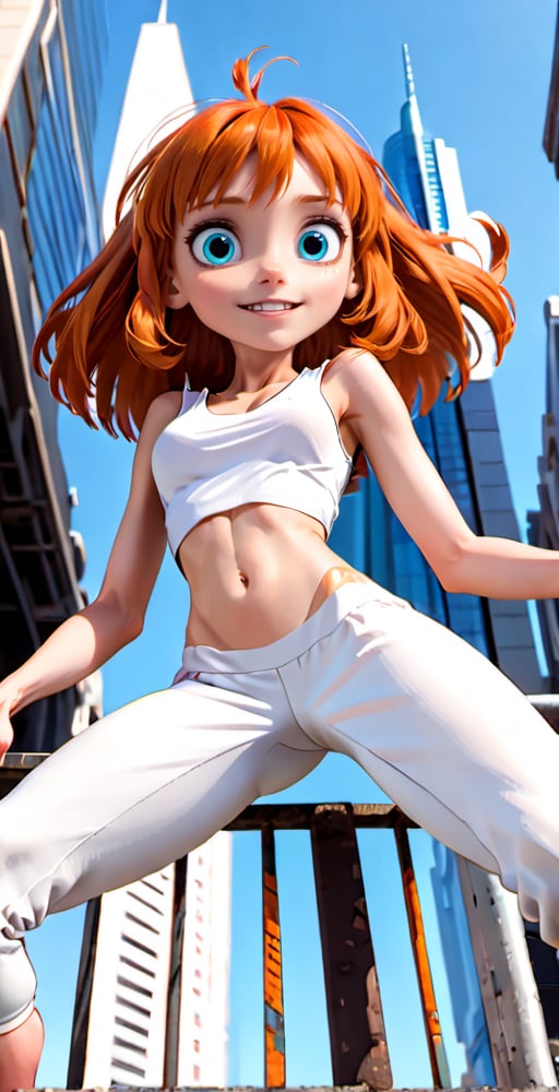 (Full body shot:1.4),  low angle view, ultra realistic photography,  a young Leeloo from the Fifth Element leaning on a fence in a futuristic city, in daylight, crowded place, perfect face, beautiful face, perfect body, skinny body, orange hair, fringe, bang, perfect boobs, 12yo, very happy, smile, red lipstick, detailled background, bob haircut, perfect boobs,  white tank top, orange bow, tight yoga pant, high heels, (showing flat belly:1.4), flat belly, red lipstick, ((full body shot)),thylane,disney pixar style