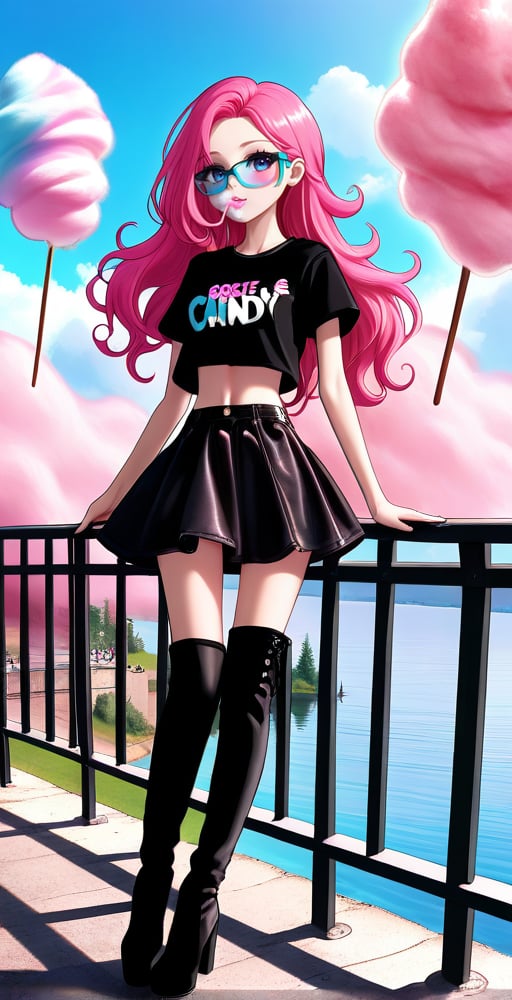 (full body shot:1.4), a teenage girl, 13 yo, skinny body, perfect face, perfect body, long wavy hair, pink hair, rainbow glasses, red velvet skirt, showing belly, (black see-through t-shirt:1.3), black mesh top, black laces top, very sexy attitude, (eating cotton candy:1.4), leaning on a fence, on a bridge, near a lake, detailed_background, high heels, (long over the knee boots:1.4), cotton candy atmosphere,see-through clothes, flying butterflies, stars, rainbow