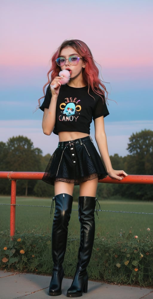 (full body shot:1.4), ultrarealistic photo, a teenage girl, 13 yo, skinny body, perfect face, (detailed face:1.3), perfect body, long wavy hair, (pink hair:1.3), rainbow glasses, red velvet skirt, showing belly, (black see-through t-shirt:1.3), black mesh top, black laces top, very sexy attitude, (eating cotton candy:1.4), leaning on a fence, on a bridge, near a lake, detailed_background, high heels, (long over the knee boots:1.4), cotton candy atmosphere,see-through clothes, flying butterflies, stars, rainbow,strapless rainbow gradient fishnets