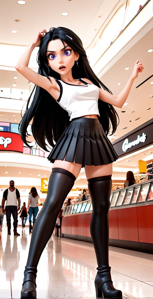 (Full body shot:1.4),  side view, low angle view, ultra realistic photography,  a young Tifa Lockhart in a mall, crowded mall, perfect face, beautiful face, skinny body, black hair, freckles, 12yo, very angry, red lipstick, detailled background, long smooth hair, very long hair, perfect boobs, large breast, white tank top, pleated black miniskirt, showing belly, black over the knee boots, red lipstick, hanging hair,high heels, leather jacket, arms up, one arm_raised,disney pixar style