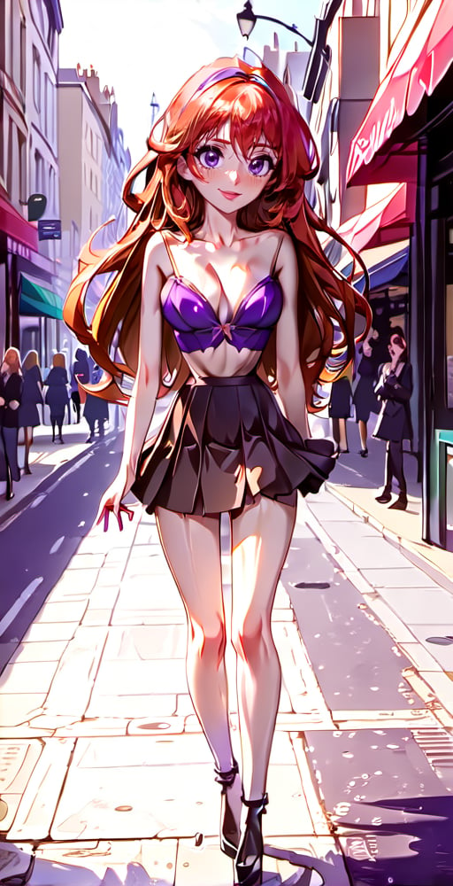 (Full body shot:1.4),  anime style,  a young Daphne Blake standing in a busy street of London, in daylight, crowded place, skinny body, perfect face, beautiful face, perfect body, long wavy red hair, purple bow in the hair, perfect boobs, 12yo, shy smile, red lipstick, detailled background, perfect boobs, (purple thight miniskirt:1.4), purple bra, showing belly, high heels, fishnets tights, undersized clothes,long ginger hair,hairband,glamourous makeup, huge breasts, big_boobs,,disney pixar style