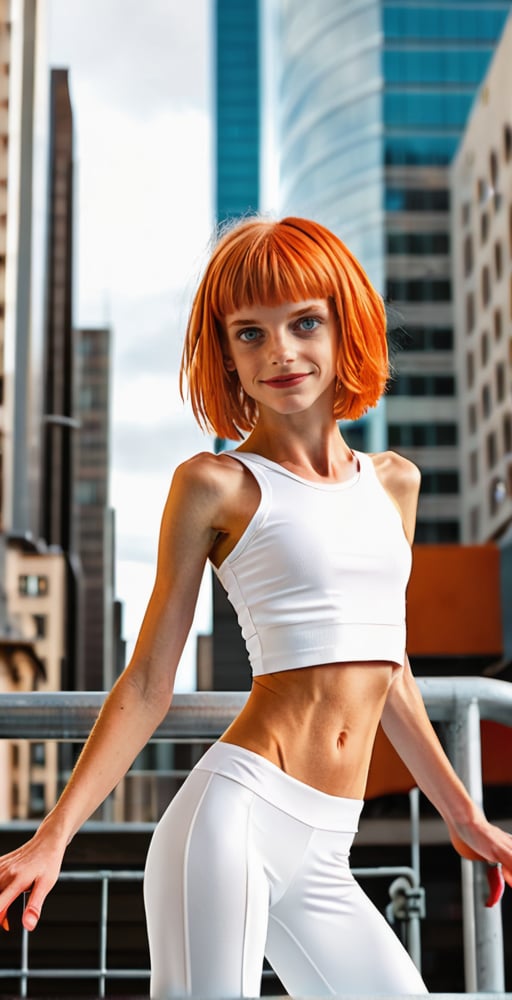 (Full body shot:1.4),  low angle view, ultra realistic photography,  a young Leeloo from the Fifth Element leaning on a fence in a futuristic city, in daylight, crowded place, perfect face, beautiful face, perfect body, skinny body, orange hair, fringe, bang,  12yo, very happy, smile, red lipstick, detailled background, bob haircut, perfect boobs,  white tank top, orange bow, tight yoga pant, high heels, (showing flat belly:1.4), flat belly, red lipstick, ((full body shot)),thylane