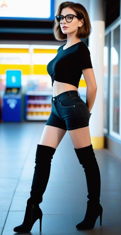1girl, solo, 21 yo, (full body shot:1.9), shot from behind, french, 26 yo, standing in a creepy gas station, bright eyes, (high heels:1.7), (over-knee boots over pants: 1.7),(black yoga pants:1.4), black bra, large breasts, (skinny body:1.6), glasses, brown hair, (bob haircut:1.6), short hair, shy smile, no make-up, facing viewer, watching at camera, best quality, amazing quality, ,see-through black tshirt,laura,disney pixar style,see-through black tshirt,REALISTIC