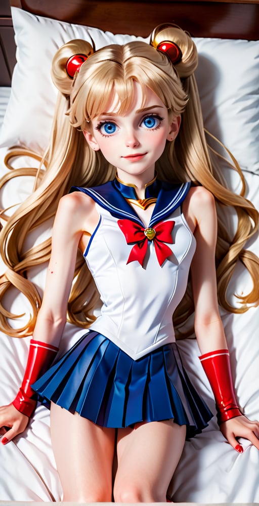 (Full body shot:1.4),  low angle view, ultra realistic photography,  a young Sailor Moon laying in a bed, on all fours, on her knees,  in daylight, perfect face, beautiful face, skinny body, blond hair, freckles, 12yo, very happy, smile, red lipstick, detailled background, long smooth hair, twin_braid, very long hair, perfect boobs,  white tank top, pleated miniskirt, showing belly, red over the knee boots, red lipstick, blue eyes, holding a scepter and a whip,hanging hair,thylane,skirtlift, ((full body shot)), pussy_fingering 