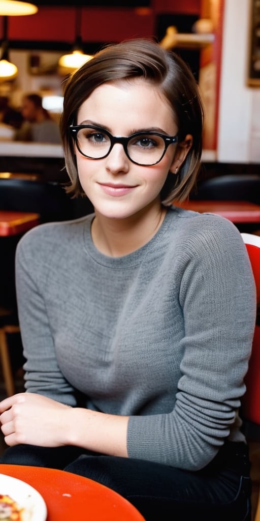 1girl, solo, french, 26 yo,  bright eyes, grey sweater, (black skinny jeans: 1.7), (black jeans:1.7), (grey sweater:1.3), medium large breasts, skinny body, glasses, brown hair, bob haircut, short hair, shy smile, facing viewer, watching at camera, best quality, amazing quality, very aesthetic, (sitting on a chair at a pizzeria: 1.5),EmmaWatson