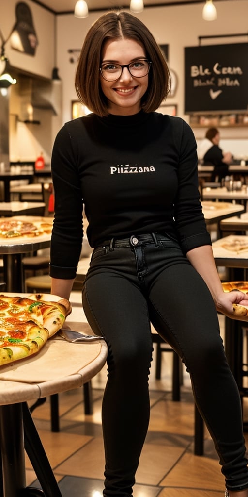 1girl, solo, french, 26 yo,  marineblueeyes, grey sweater, (black skinny jeans: 1.7), (black jeans:1.7),medium large breasts, skinny body, glasses, brown hair, bob haircut, short hair, shy smile, facing viewer, watching at camera, best quality, amazing quality, very aesthetic, (sitting at a pizzeria: 1.5),samsung sam
