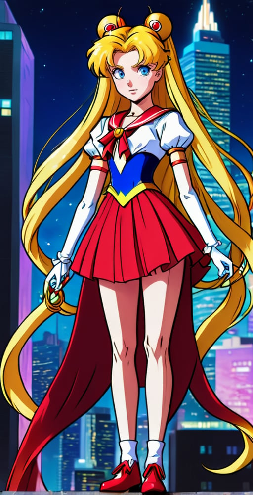 (Full body shot:1.4),  low angle view, ultra realistic photography,  a young Sailor Moon leaning on a fence in a futuristic city,in a cod, in daylight, perfect face, beautiful face, skinny body, blond hair, freckles, 12yo, very happy, smile, red lipstick, detailled background, long smooth hair, twin_braid, very long hair, perfect boobs,  white and blue top, red bow, pleated miniskirt, showing belly, red over the knee boots, red lipstick, blue eyes, holding a scepter and a whip,hanging hair,thylane,skirtlift,anime style