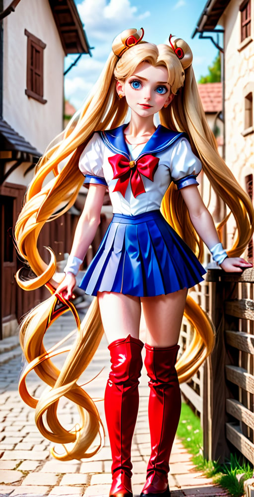 (Full body shot:1.4),  low angle view, ultra realistic photography,  a young Sailor Moon leaning on a fence in a medieval village, in daylight, perfect face, beautiful face, skinny body, blond hair, freckles, 12yo, very happy, smile, red lipstick, detailled background, long smooth hair, twin_braid, very long hair, perfect boobs,  white and blue top, red bow, pleated miniskirt, showing belly, red over the knee boots, red lipstick, blue eyes, holding a scepter and a whip,hanging hair,thylane,skirtlift