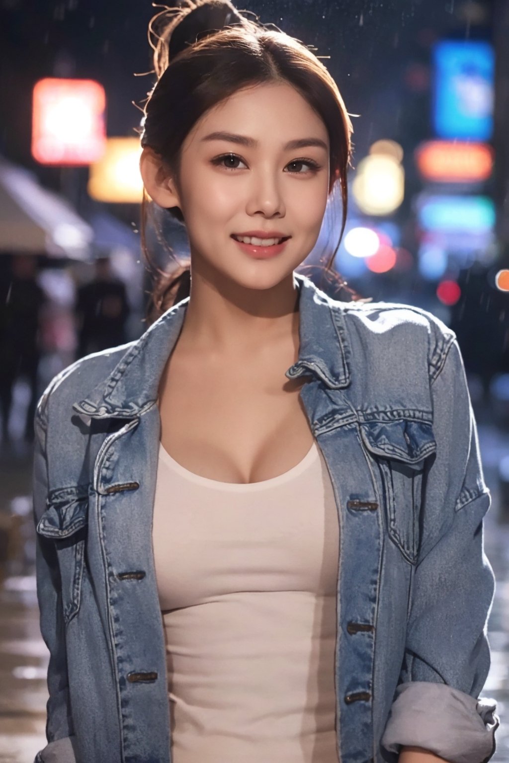 one girl, beautiful actress, ponytail, cheerful smile, direct gaze, sensual expression, thin see-through low neck tanktop, cleavage, glossy skin, beautiful breast, denim jacket outerwear, dynamic standing pose, outdoor, rainy city street, butterfly lighting, direct light, longshoot,