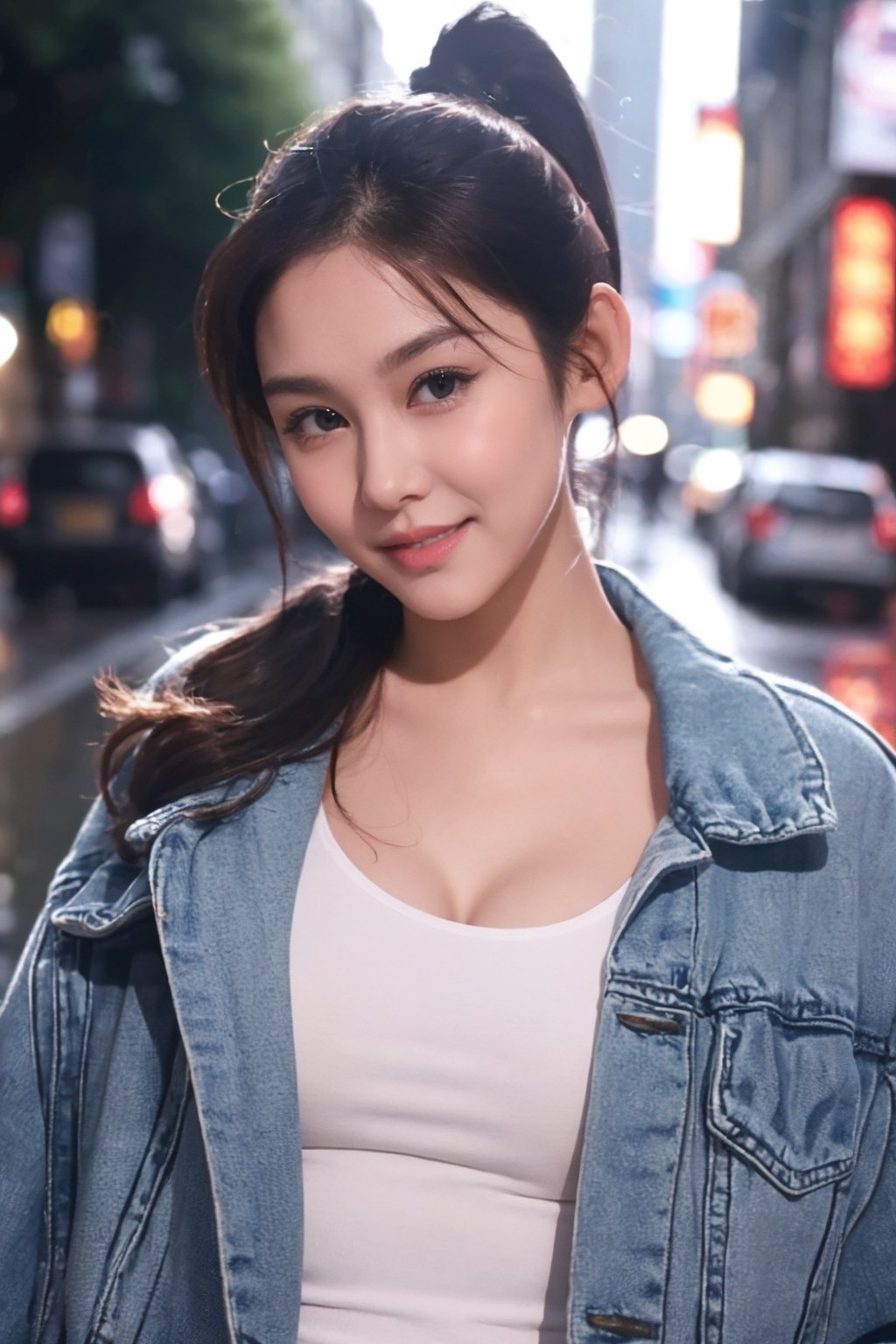 one girl, beautiful actress, ponytail, cheerful smile, direct gaze, sensual expression, thin see-through low neck tanktop, cleavage, glossy skin, beautiful breast, denim jacket outerwear, dynamic standing pose, outdoor, rainy city street, butterfly lighting, direct light, longshoot,