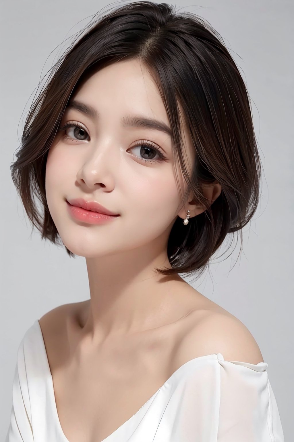 1girl, beautiful face, short messy hair, cheerful smile, wink, earrings, low v-neck t-shirt, oversized, (simple plain background),high detailed face, skin textures, focused on eye, ultra sharp focus, depth of field effects, professional beauty lighting, professional beauty make-up photoshoot, medium shoot