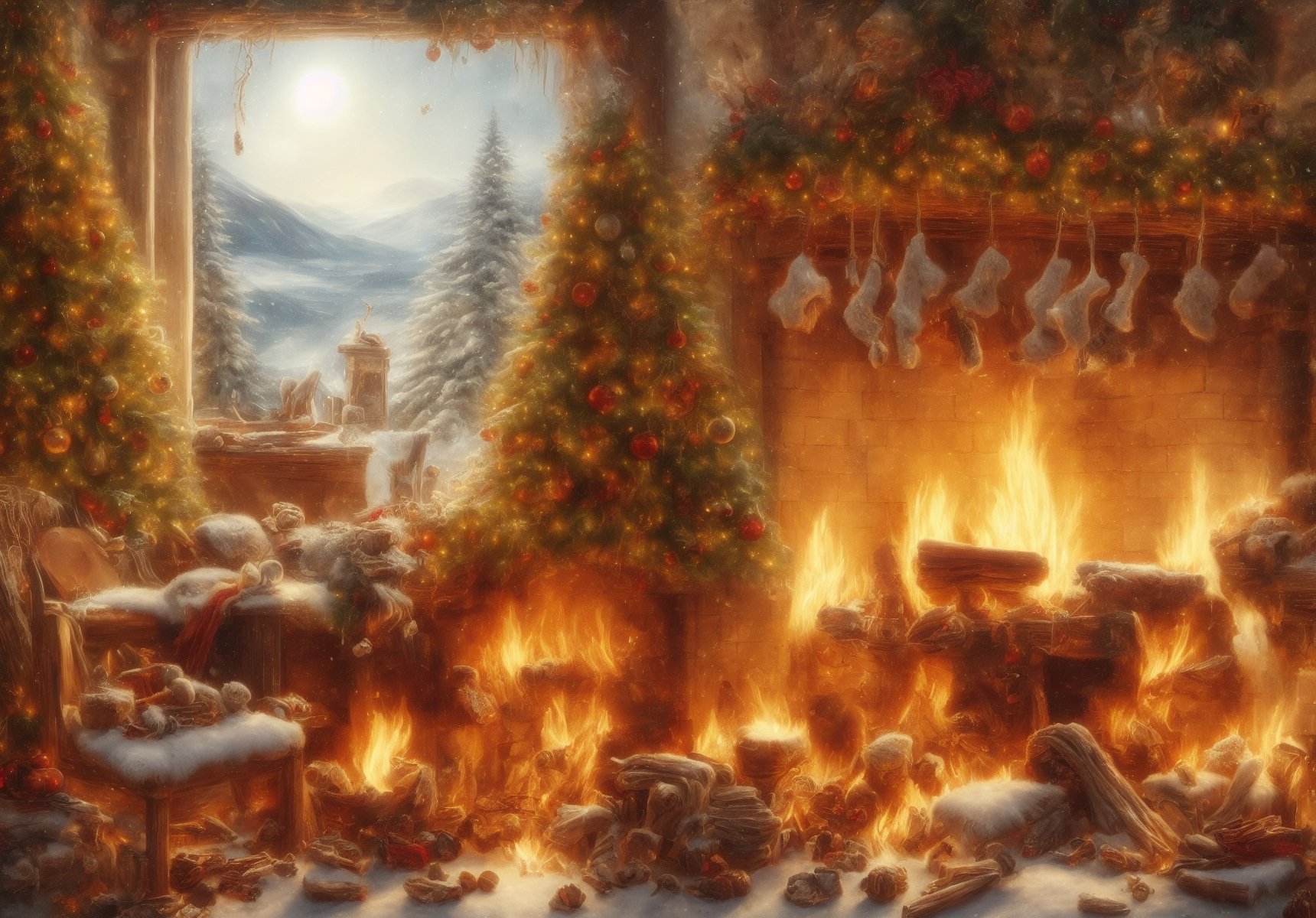  (Masterpiece:1.3) (best quality:1.2) (high quality:1.1), 8k, uhd, photo realistic, magical scene of a warm home, with a fire in the fireplace,  a christmas tree, and a piano