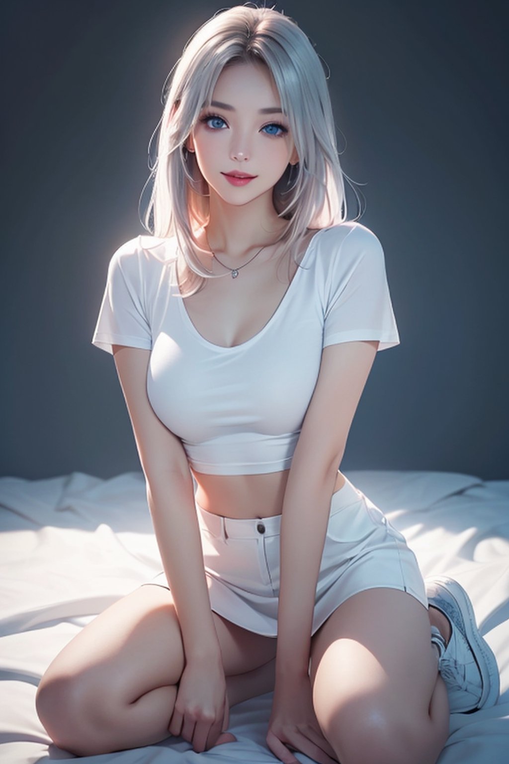 photorealistic without background, high resolution, 1 woman, shiny skin, alone, jewelry, pink lips, long silver hair, ((blue eyes)), (Sensual look at photographer, lips slightly open), happy smile, 4k, ph mai, full body, (tight white top), (white miniskirt), white sneakers, super high quality, HD