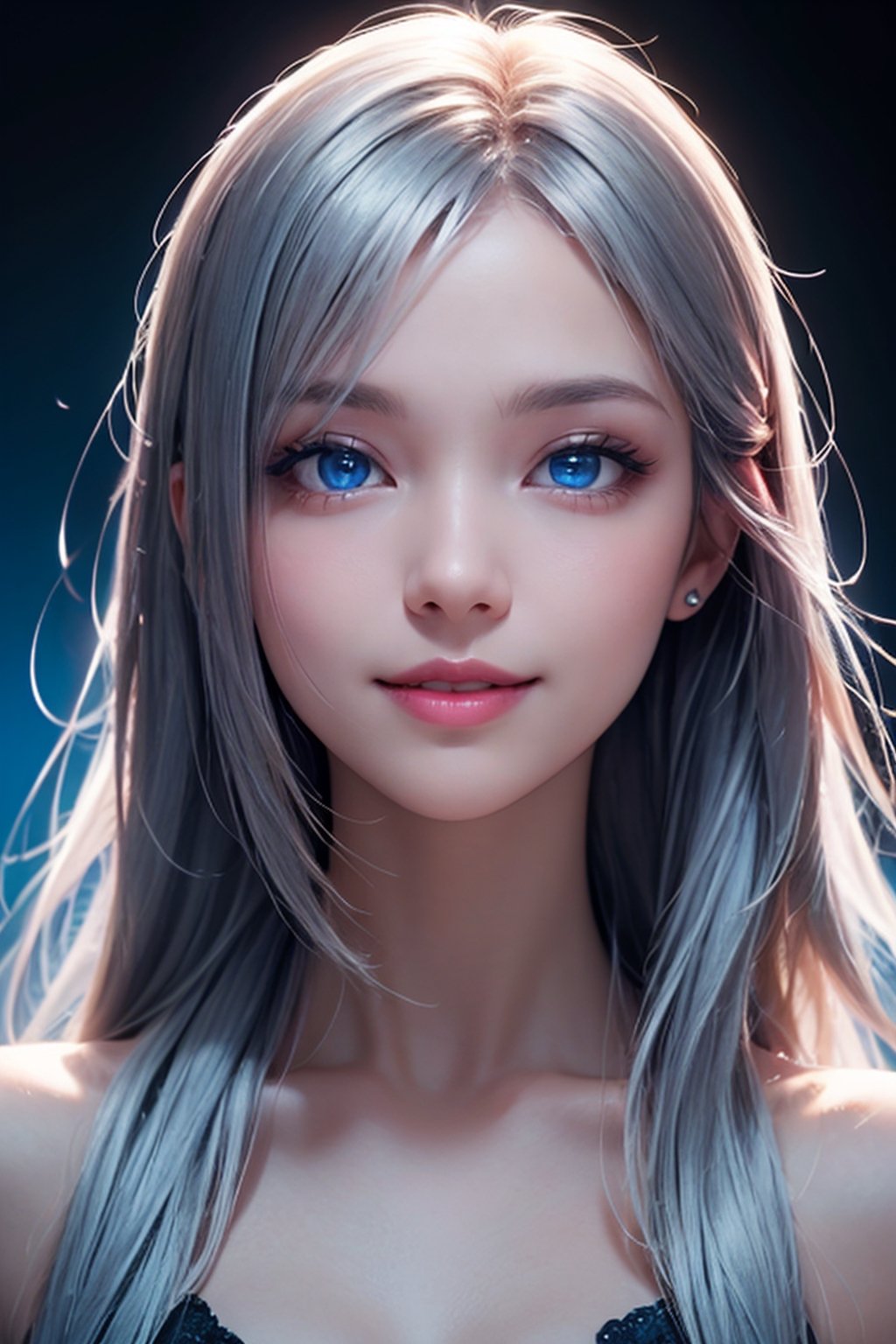 photorealistic, photo with black background, high resolution, 1 woman, shiny skin, alone, pink lips, long silver hair, ((blue eyes)), smile going to the photographer, 4k, ph mai, head view, life face profile , super high quality, HD