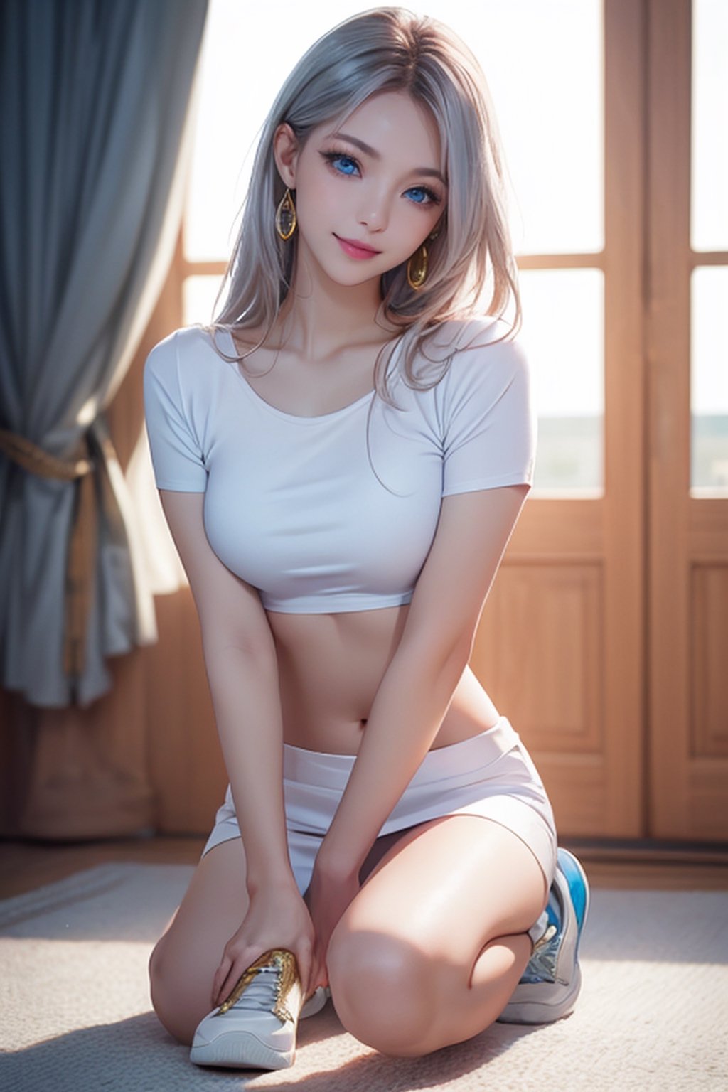 photorealistic without background, high resolution, 1 woman, shiny skin, alone, jewelry, pink lips, long silver hair, ((blue eyes)), (sensual look at photographer, lips slightly open), happy smile, 4k, ph mai, full body, (tight white top), (white miniskirt with gold threads), white sneakers, super high quality, HD