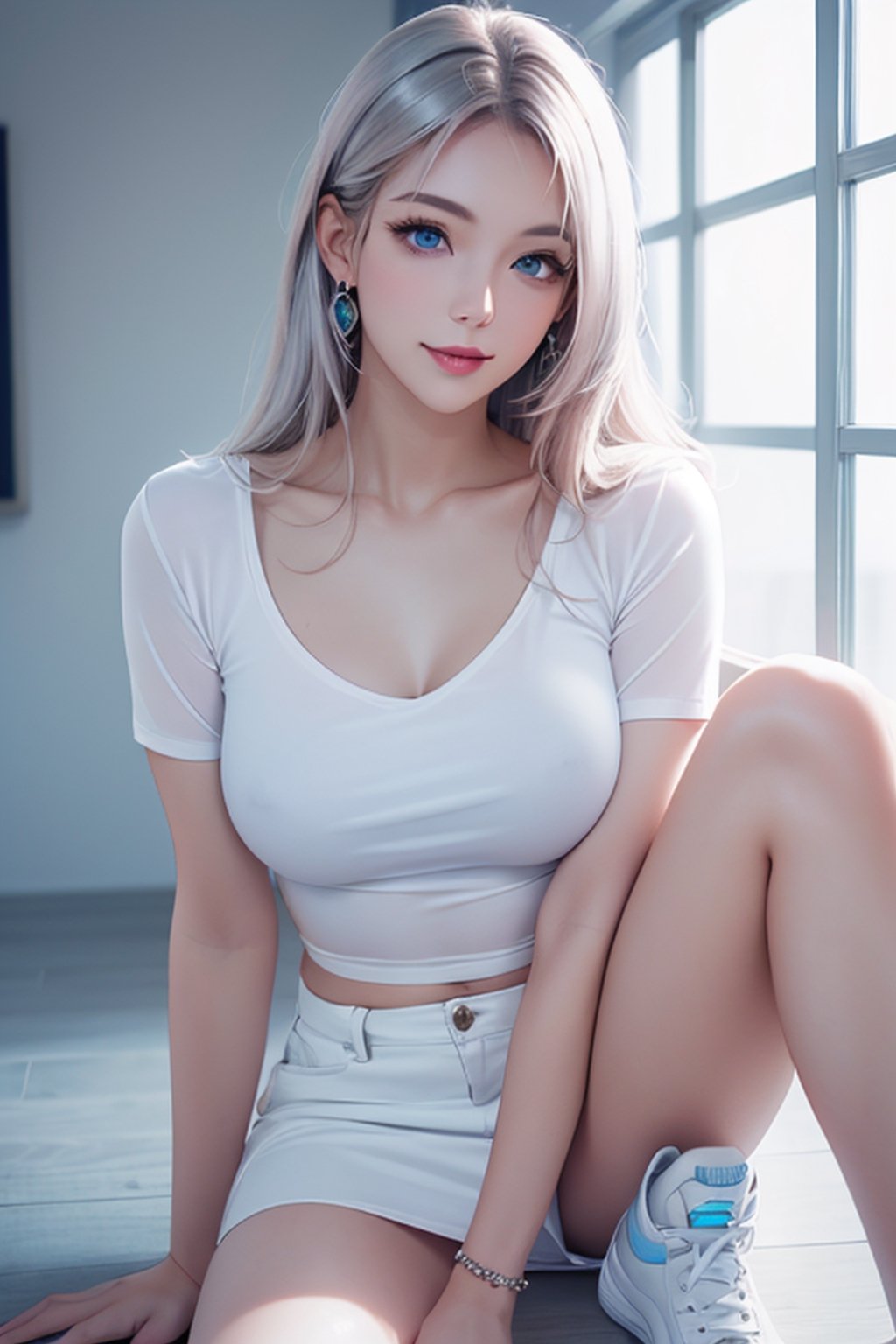 photorealistic without background, high resolution, 1 woman, shiny skin, alone, jewelry, pink lips, long silver hair, ((blue eyes)), (Sensual look at photographer, lips slightly open), happy smile, 4k, ph mai, full body, (tight white top), (white miniskirt), white sneakers, super high quality, HD