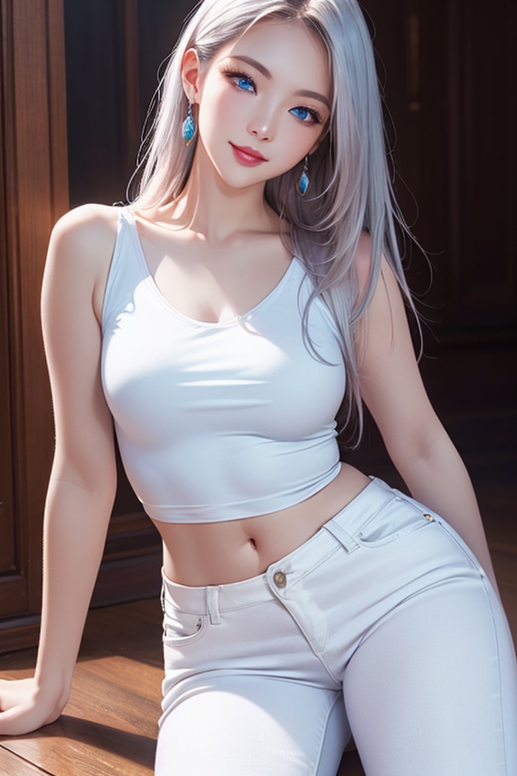 photorealistic without background, high resolution, 1 woman, shiny skin, alone, jewelry, pink lips, long silver hair, ((blue eyes)), (Sensual look at photographer, lips slightly open), happy smile, 4k, ph mai, full body, (tight white top), (white jeans), white sneakers, super high quality, HD