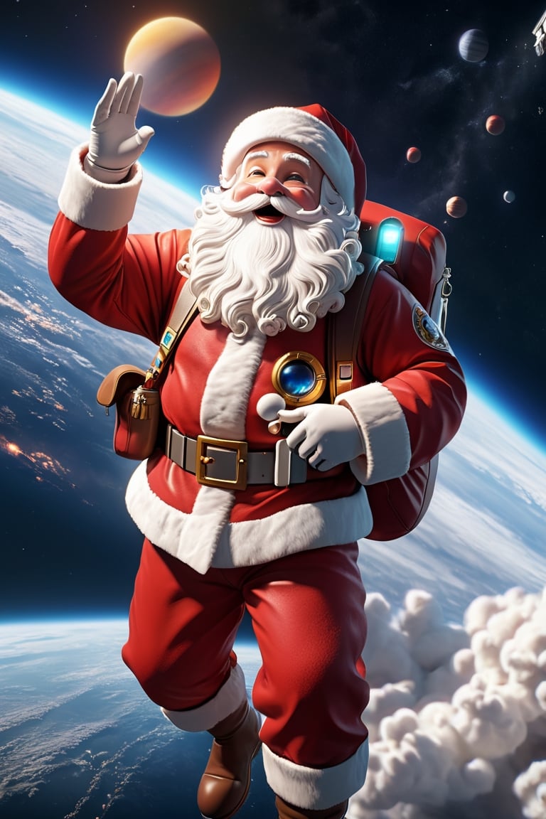 (((masterpiece))), high quality, extremely detailed, 4K, 8K, (Santa Claus), (Santa Claus space walk:1.3), happy, full body, super fine illustration, approaching perfection, insanely detailed, concept art, epic, cinematic. Unreal engine 5