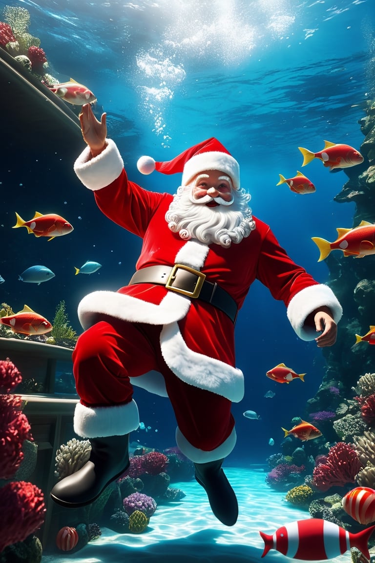 (((masterpiece))), high quality, extremely detailed, 4K, 8K, (Santa Claus), (Santa Claus swimming:1.3), (underwater), happy, full body, super fine illustration, approaching perfection, insanely detailed, concept art, epic, cinematic. Unreal engine 5