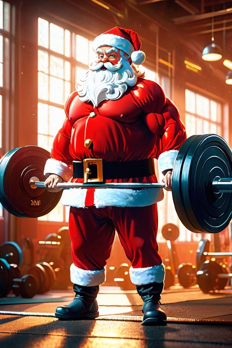 (((masterpiece))), high quality, extremely detailed, 4K, 8K,(muscular Santa Claus), (Santa Claus doing muscle training:1.3), Lift a barbell, Fitness Gym, happy, super fine illustration, real photo, line art, approaching perfection, insanely detailed, concept art, epic, cinematic. Unreal engine 5