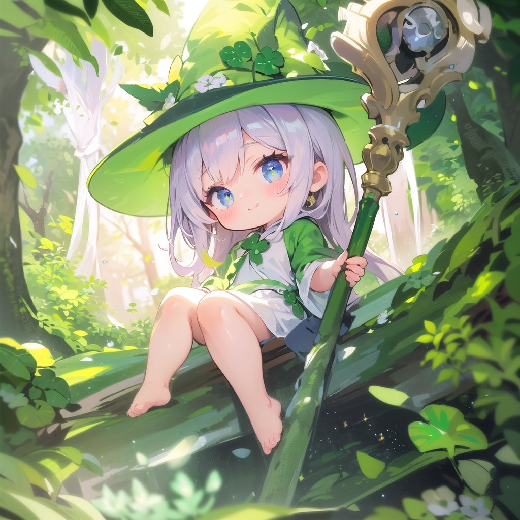 masterpiece, best quality, extremely detailed, very high resolution, ultra detailed, 8k, fantasy art, (((dappled sunlight))), (((Glitter effect))), (a girl:1.2), solo, (full body:1.2), (pure white robe:1.2), (pure white Witch’s hat:1.3), Sit on the oak tree, (hold an oak staff), (deformed:1.2), (chibi character:1.2), archaic smile, Mossy forest, (Four-leaf clover:1.2), best quality,best quality