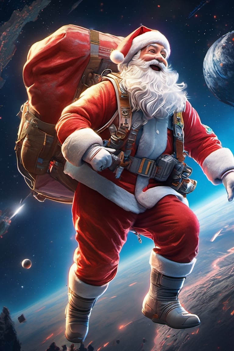 (((masterpiece))), high quality, extremely detailed, 4K, 8K, Santa Claus spacewalking:1.3), happy, super fine illustration, real photo, line art, approaching perfection, insanely detailed, concept art, epic, cinematic. Unreal engine 5,ink 