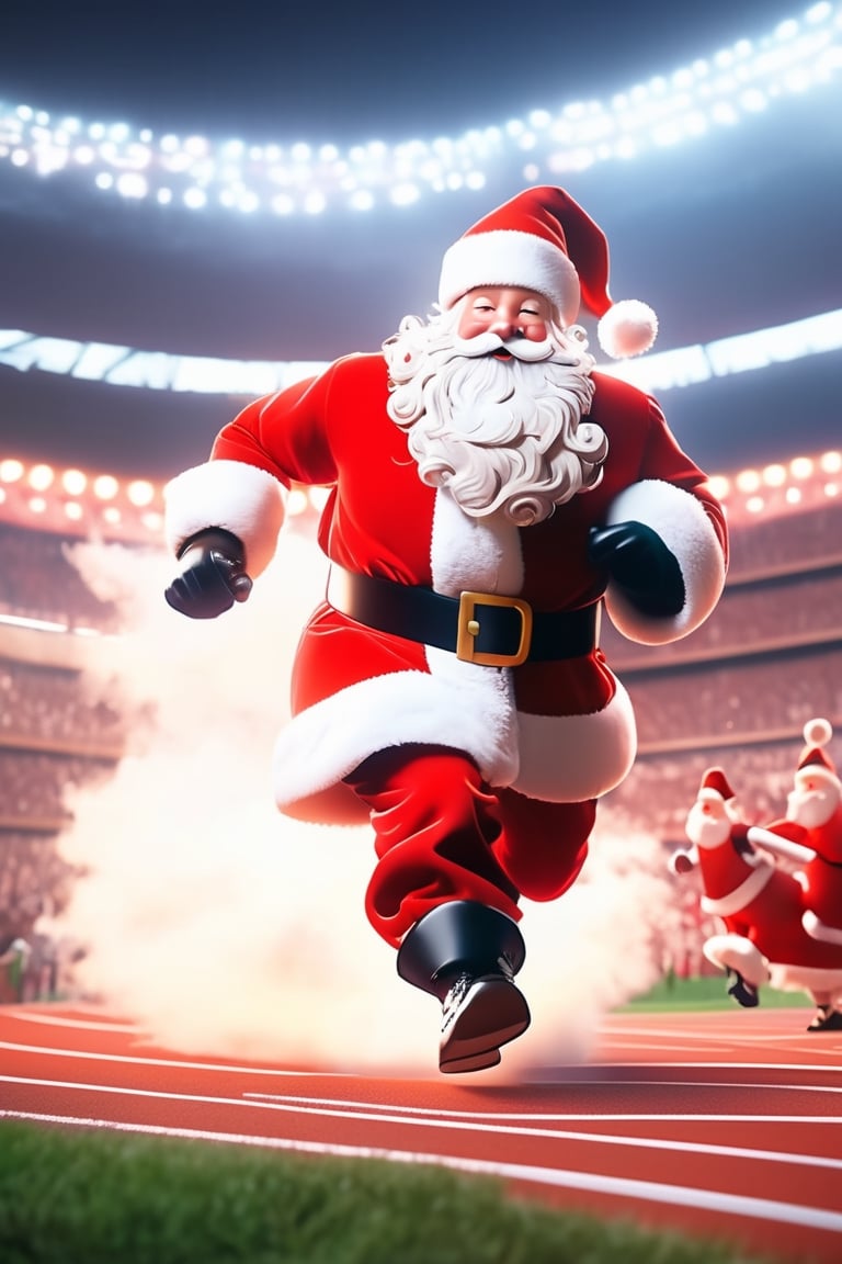 (((masterpiece))), high quality, extremely detailed, 4K, 8K, (Santa Claus), (Santa Claus running:1.3), athletics stadium, happy, super fine illustration, approaching perfection, insanely detailed, concept art, epic, cinematic. Unreal engine 5,niji style,ghibli style