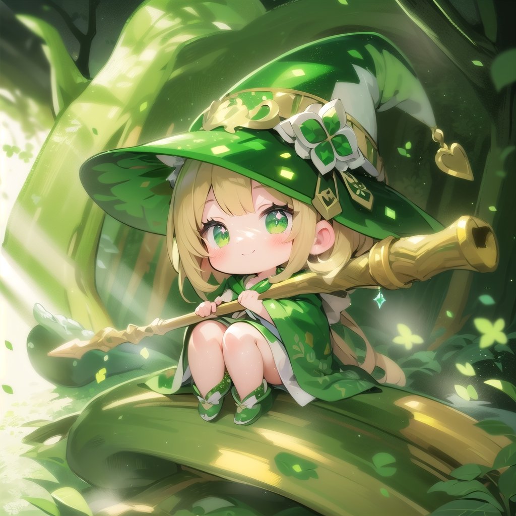 masterpiece, best quality, extremely detailed, very high resolution, ultra detailed, 8k, fantasy art, (((dappled sunlight))), (((Glitter effect))), (a girl:1.2), solo, (full body:1.2), (green robe:1.2), (green Witch’s hat:1.2), Sit on the oak tree, (hold an oak staff), (deformed:1.2), (chibi character:1.2), archaic smile, Mossy forest, Four-leaf clover,