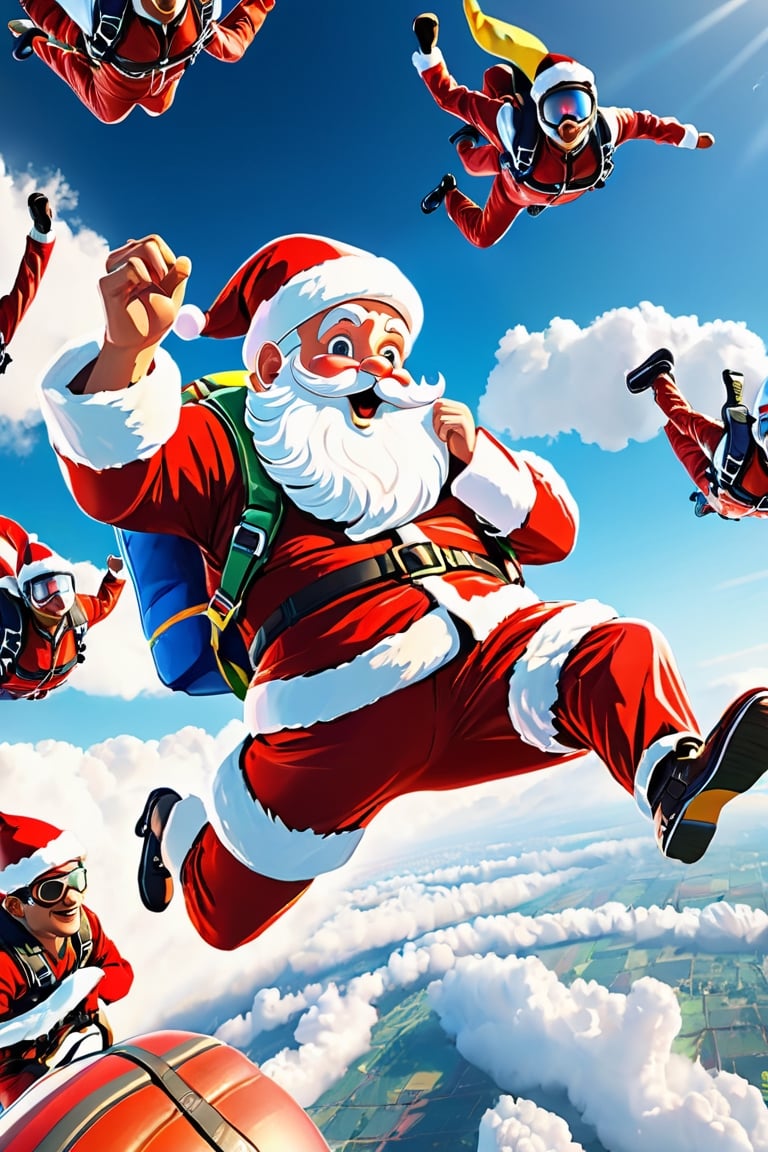 (((masterpiece))), high quality, extremely detailed, 4K, 8K, (Santa Claus), (Santa Claus skydiving:1.3), happy, super fine illustration, approaching perfection, insanely detailed, concept art, epic, cinematic. Unreal engine 5,niji style