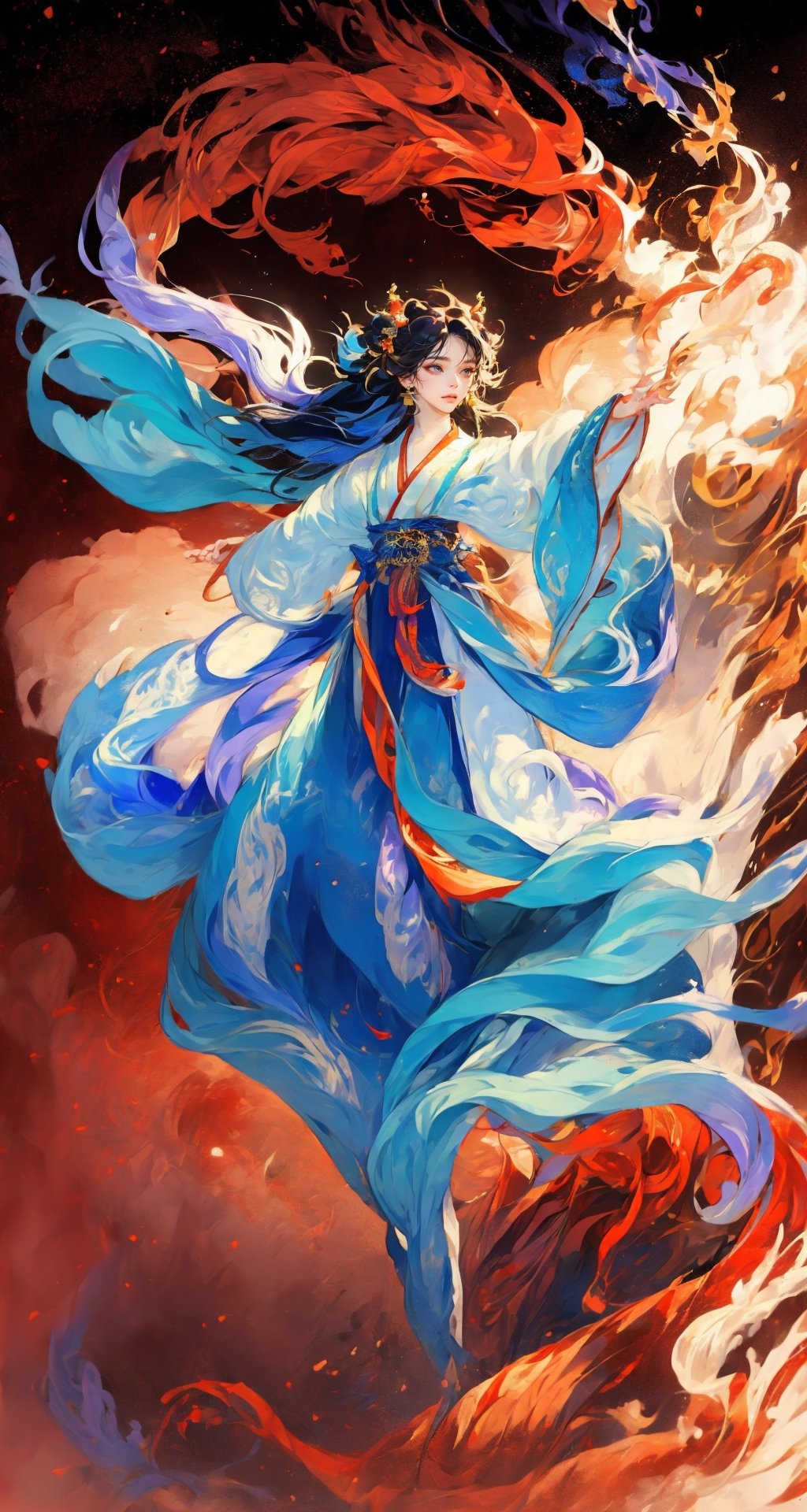 masterpiece, top quality, best quality, official art, beautiful and aesthetic:1.2), (1girl:1.9), purple-blue color long hair, ((multi-colored hanfu fashion)), wind blows, chinese dragon, golden line, (red theme:1.3), ultra-high quality, photorealistic, sky background, dynamic pose, icemagicAI