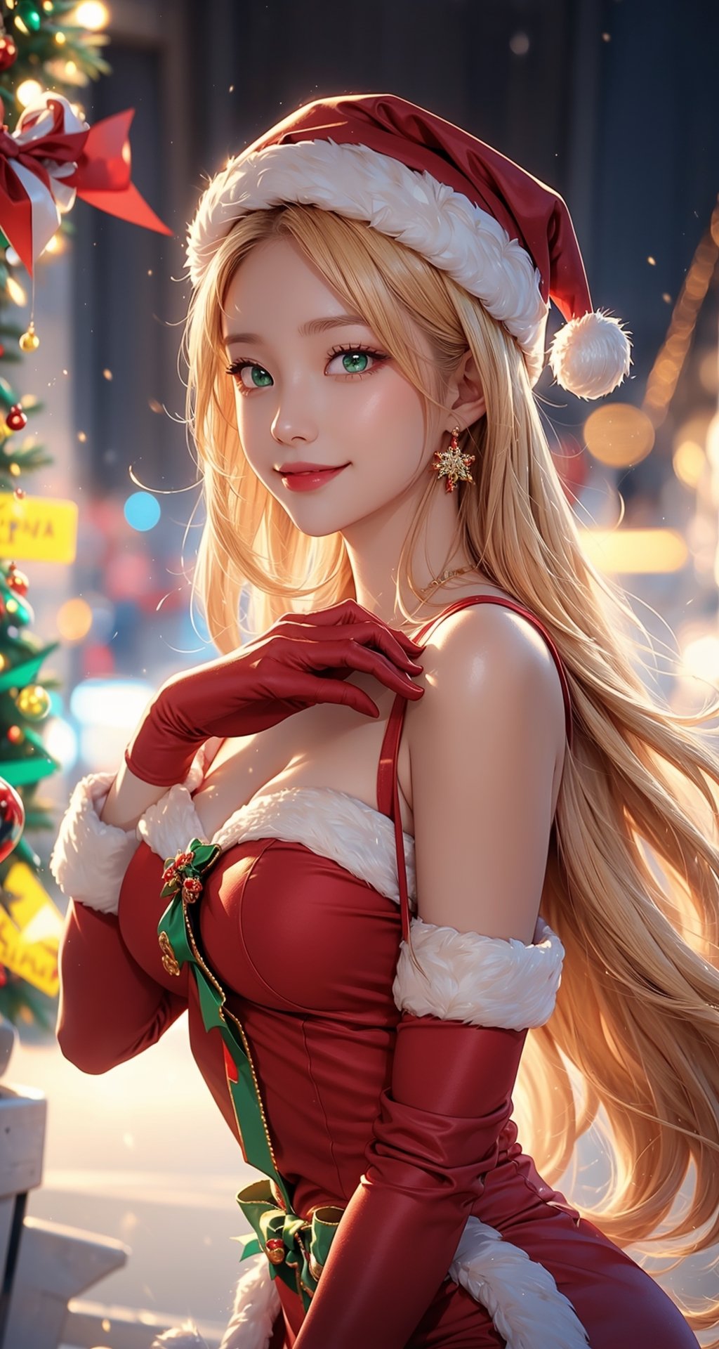 ((masterpiece, best quality, ultra-detailed, very fine 8KCG wallpapers)), 1girl, solo, kawaii, smile, medium breasts, blonde hair, long hair, green eyes, santa, red beret, red bow ribbon, red gloves, red dress, red boots, santa girl costume, christmas, holy night, christmas decorations, christmas night, nice hands, perfect hands,Sex_facing_viewer,,front view,more detail ,1 girl