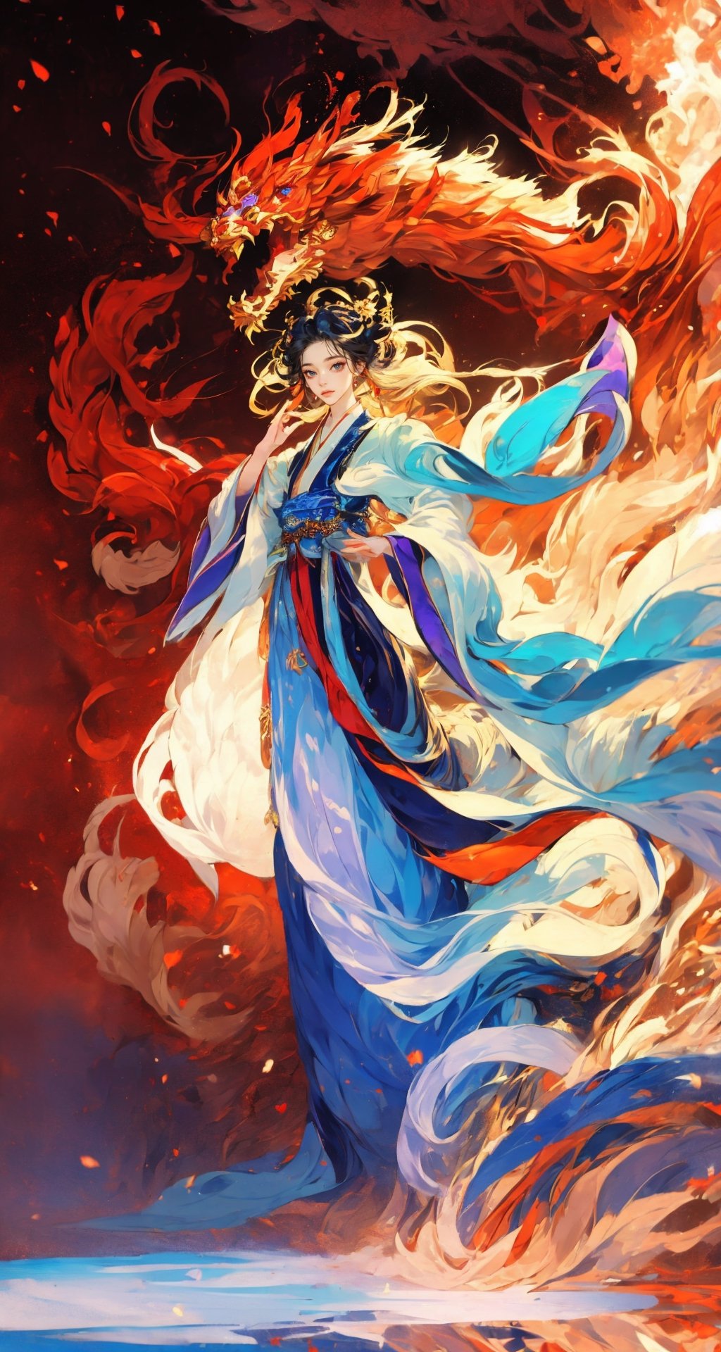 masterpiece, top quality, best quality, official art, beautiful and aesthetic:1.2), (1girl:1.9), purple-blue color long hair, ((multi-colored hanfu fashion)), wind blows, chinese dragon, golden line, (red theme:1.3), ultra-high quality, photorealistic, sky background, dynamic pose, icemagicAI