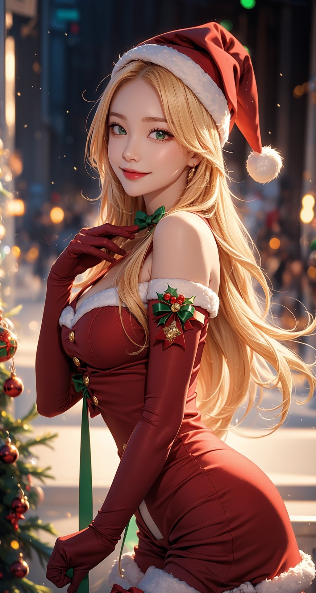 ((masterpiece, best quality, ultra-detailed, very fine 8KCG wallpapers)), 1girl, solo, kawaii, smile, medium breasts, blonde hair, long hair, green eyes, santa, red beret, red bow ribbon, red gloves, red dress, red boots, santa girl costume, christmas, holy night, christmas decorations, christmas night, nice hands, perfect hands,Sex_facing_viewer,,front view,more detail ,1 girl