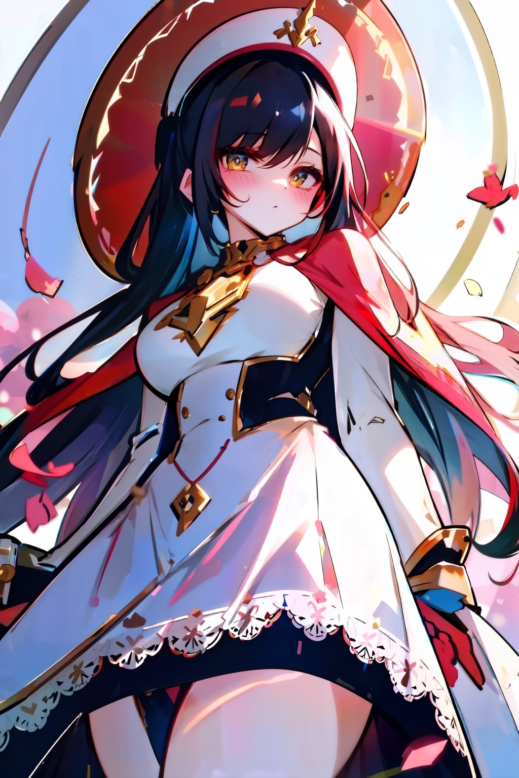 (panorama, wide shot), best quality, masterpiece, extremely detailed, detailed background, (from below:1.2), 1girl, solo, black hair,looking at viewer, red shirts, long hair, wavy hair, on side, fluffy hair, french , (white hat), capelet, lace trim, bodice, blue sky, sunshine,long dress, ,sunny,scenery, grassland, high place, horizon, flowers, birds, wind, wind blow, (depth of field), bokeh,(twintails),mecha,PachaMeme