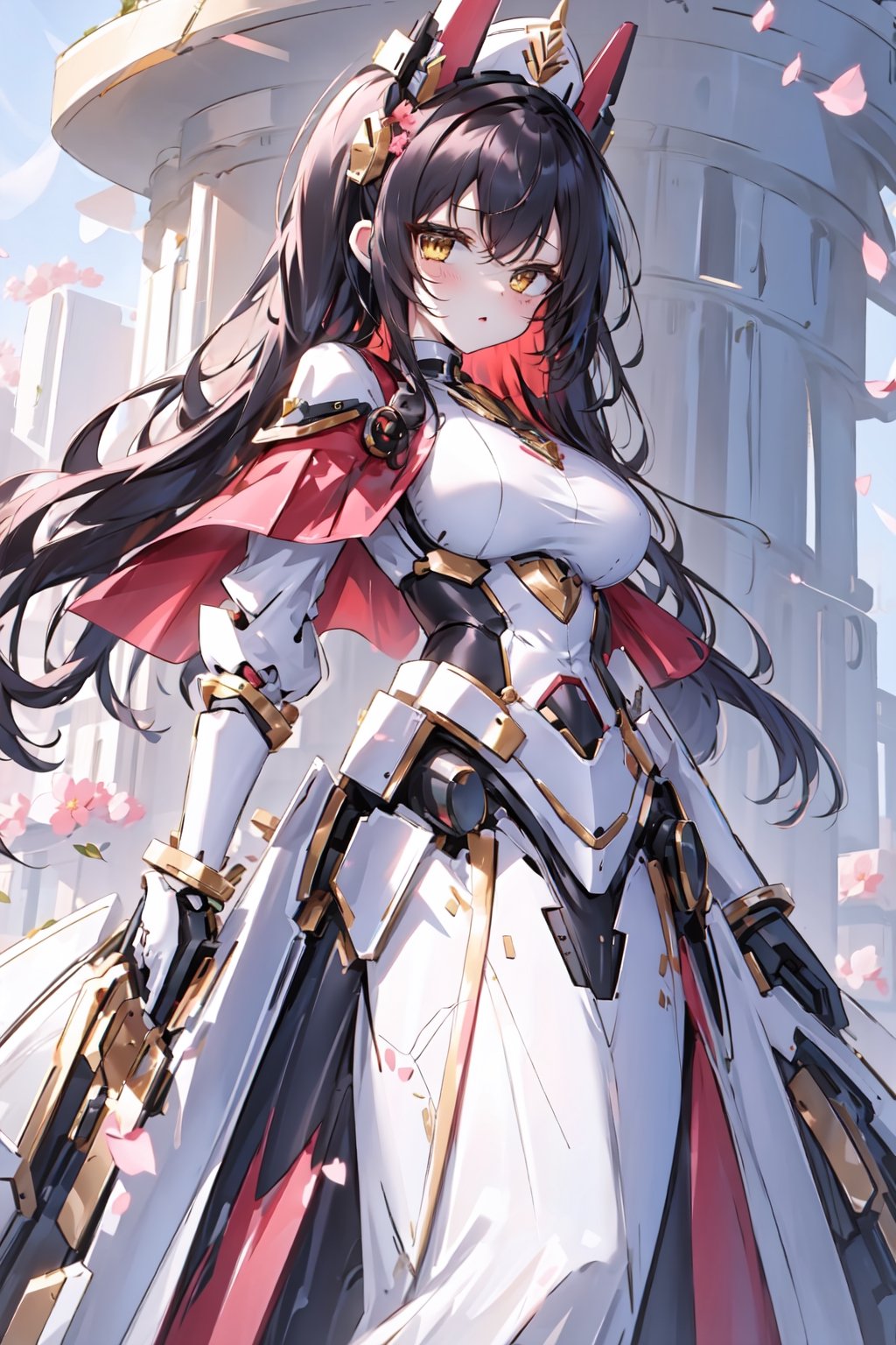 (panorama, wide shot), best quality, masterpiece, extremely detailed, detailed background, (from below:1.2), 1girl, solo, black hair,looking at viewer, red shirts, long hair, wavy hair, on side, fluffy hair, french , (white hat), capelet, lace trim, bodice, blue sky, sunshine,long dress, ,sunny,scenery, grassland, high place, horizon, flowers, birds, wind, wind blow, (depth of field), bokeh,(twintails),mecha,PachaMeme