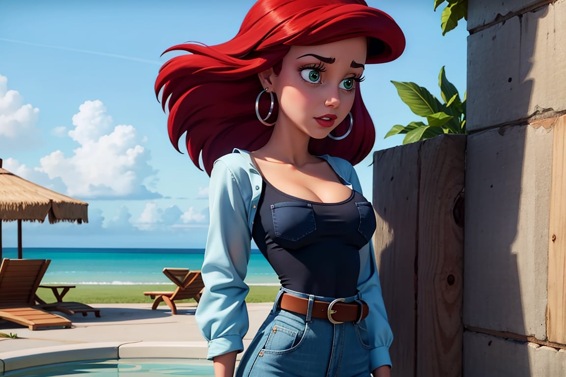 (masterpiece, best quality),green eyes, red hair  eyelashes, hoop earrings, short hair, earrings belt, black legwear, black shirt, breast pocket, cleavage, collarbone, denim, denim shorts, high-waist skirt,wet t-shirt, huge breast, jewelry, long sleeves, pocket, shirt, shirt tucked in, tanktop, ,ariel